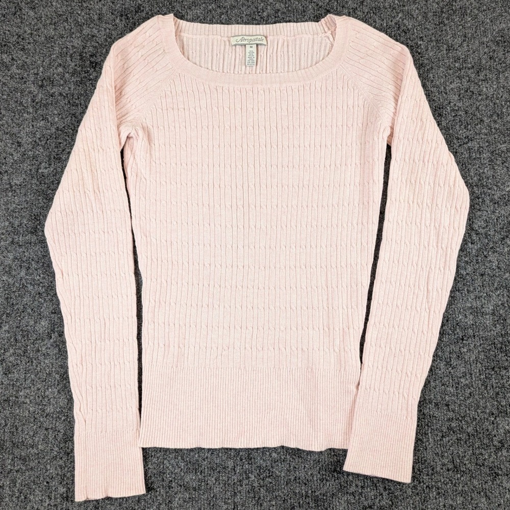 Aeropostale Womens Medium Pink Cable Knit Scoop Neck Long Sleeve Sweater